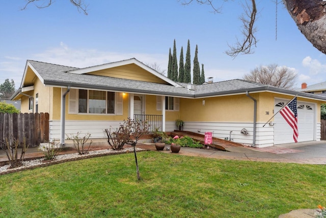 single story home with fence, roof with shingles, a porch, an attached garage, and a front lawn