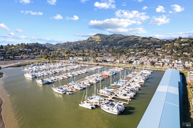 aerial view featuring a water and mountain view