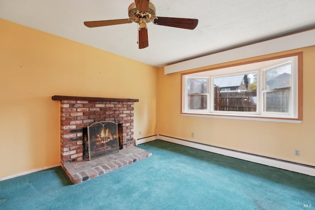 unfurnished living room featuring a baseboard heating unit, a brick fireplace, and carpet