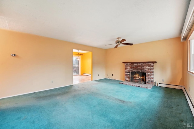 unfurnished living room featuring a baseboard radiator, a brick fireplace, carpet floors, and ceiling fan