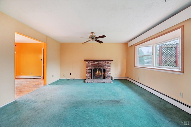 unfurnished living room with ceiling fan, a baseboard radiator, a fireplace, and carpet