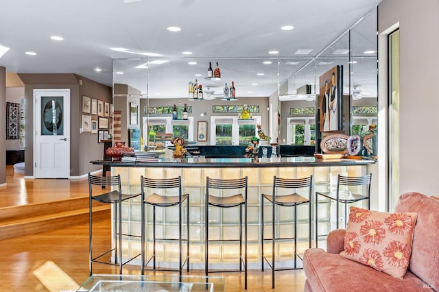 kitchen with a breakfast bar area and light hardwood / wood-style flooring