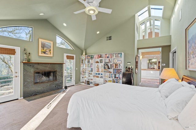 3057 Saint Helena Hwy N, Saint Helena, CA 94574 - carpeted bedroom featuring access to exterior, a tile fireplace, high vaulted ceiling, recessed lighting, and ensuite bathroom