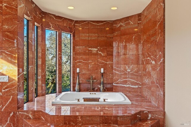 3057 Saint Helena Hwy N, Saint Helena, CA 94574 - bathroom featuring a bath, recessed lighting, and tile walls