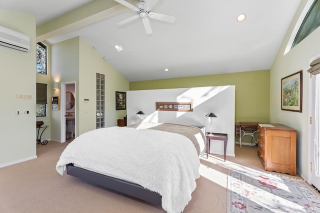 bedroom with high vaulted ceiling, beam ceiling, light colored carpet, and a wall mounted air conditioner