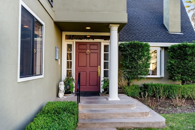 3057 Saint Helena Hwy N, Saint Helena, CA 94574 - property entrance featuring stucco siding, a shingled roof, and a chimney