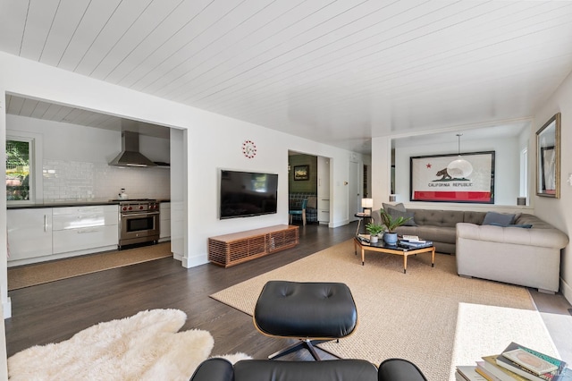 living room with hardwood / wood-style flooring and wooden ceiling