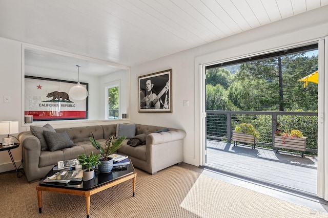 living room with wood ceiling