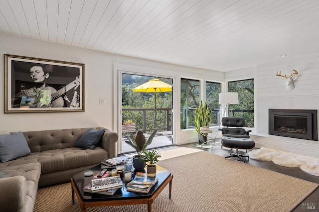 living room featuring wooden ceiling