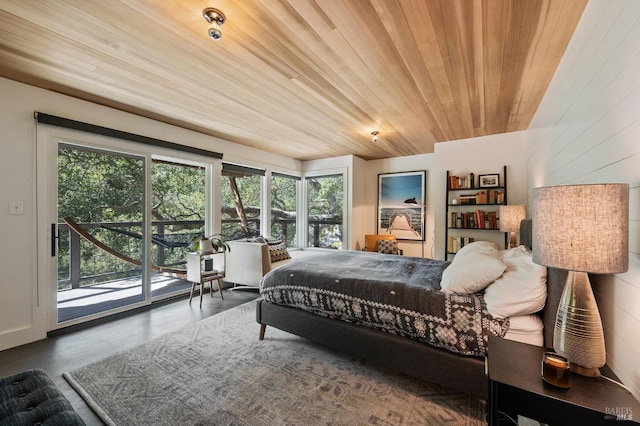 bedroom featuring access to exterior and wood ceiling