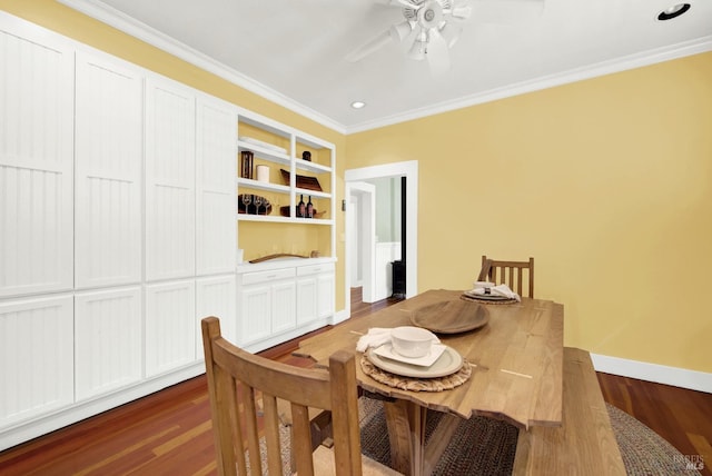 dining room featuring dark wood-type flooring, ceiling fan, ornamental molding, and built in features