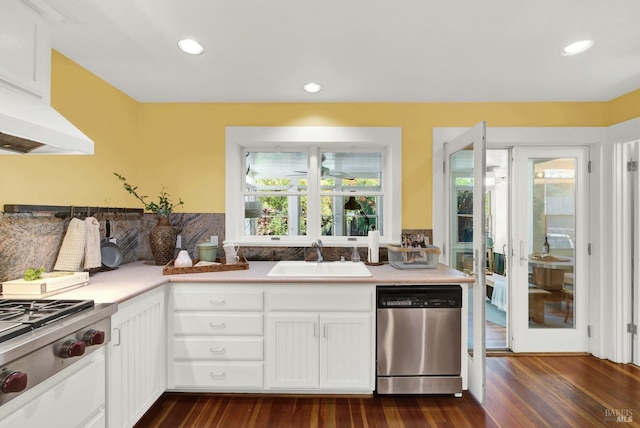 kitchen featuring white cabinetry, stainless steel appliances, dark hardwood / wood-style floors, and sink