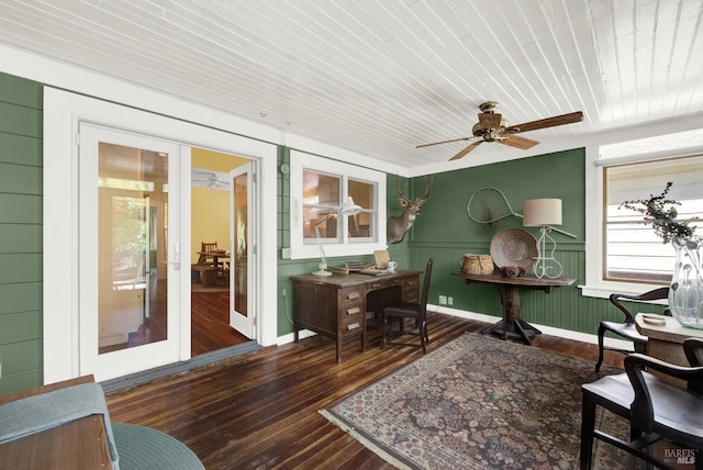 sunroom / solarium featuring french doors, ceiling fan, and wood ceiling