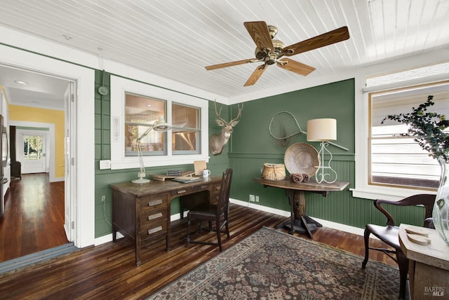 office space featuring dark hardwood / wood-style floors, wooden ceiling, and ceiling fan