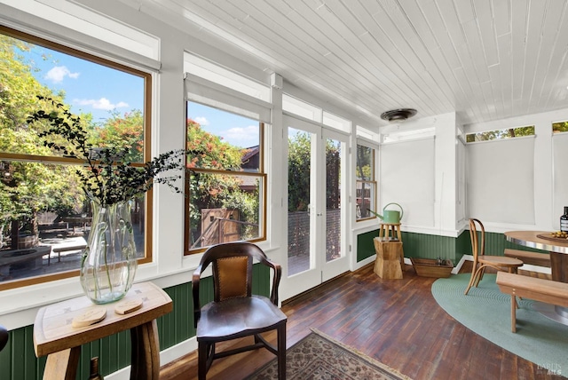 sunroom with wooden ceiling