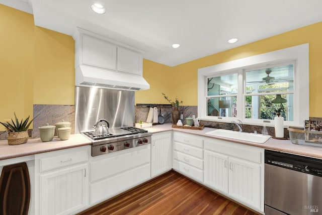 kitchen with sink, white cabinetry, stainless steel appliances, dark hardwood / wood-style floors, and exhaust hood