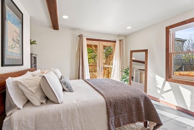 tiled bedroom featuring multiple windows, beam ceiling, access to outside, and french doors