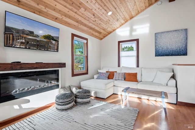 living room featuring wood ceiling, high vaulted ceiling, and hardwood / wood-style flooring