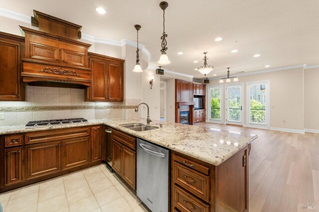 1120 Sonata Dr, Vallejo, CA 94591 - kitchen featuring a sink, stainless steel appliances, backsplash, ornamental molding, and recessed lighting
