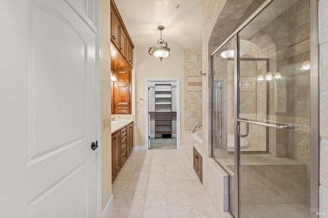 1120 Sonata Dr, Vallejo, CA 94591 - bathroom with a shower stall, vanity, a garden tub, and tile patterned flooring