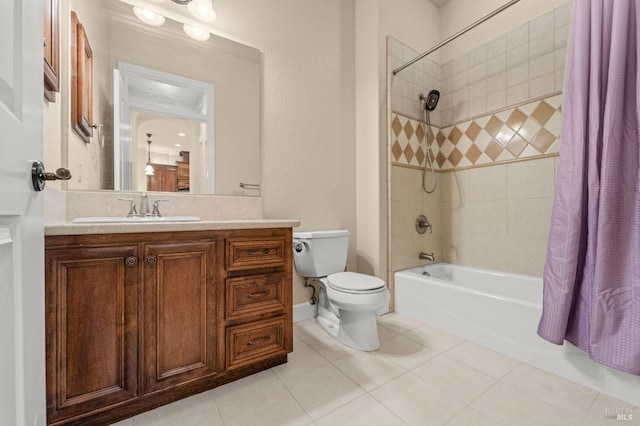 full bath featuring toilet, tile patterned flooring, shower / bath combination with curtain, and vanity