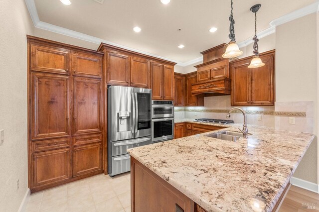 1120 Sonata Dr, Vallejo, CA 94591 - kitchen featuring appliances with stainless steel finishes, a sink, a peninsula, brown cabinetry, and crown molding