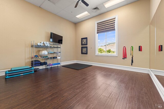 1120 Sonata Dr, Vallejo, CA 94591 - workout area featuring ceiling fan, wood finished floors, a paneled ceiling, and baseboards