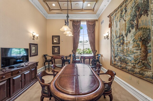 1120 Sonata Dr, Vallejo, CA 94591 - dining room featuring ornamental molding, light carpet, baseboards, and coffered ceiling