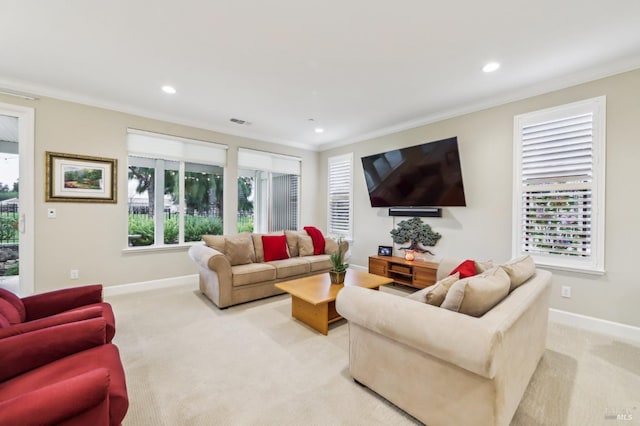 carpeted living room with crown molding