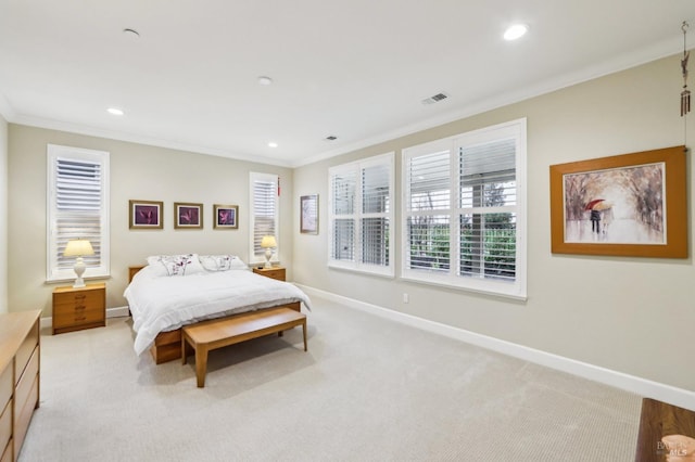 carpeted bedroom with crown molding