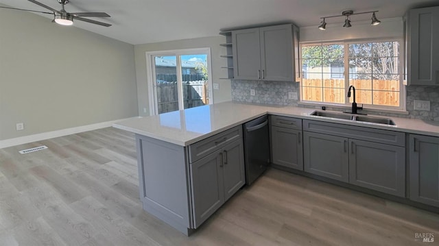 kitchen with gray cabinets, dishwasher, sink, light hardwood / wood-style floors, and kitchen peninsula