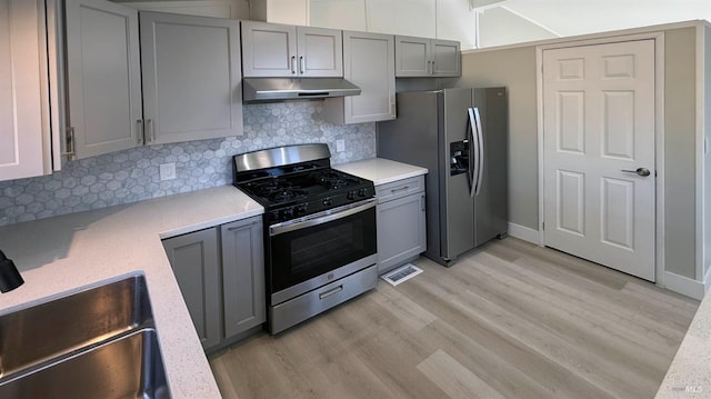 kitchen featuring light hardwood / wood-style floors, appliances with stainless steel finishes, gray cabinets, and sink