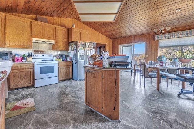 kitchen with white electric stove, wooden ceiling, under cabinet range hood, wooden walls, and brown cabinetry