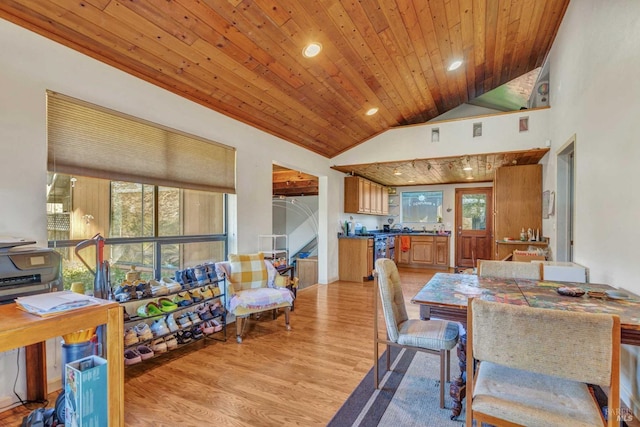 dining room with light wood-type flooring, wooden ceiling, recessed lighting, and lofted ceiling