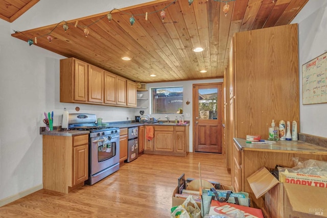 kitchen featuring stainless steel gas range, light wood-type flooring, wood ceiling, and dark countertops