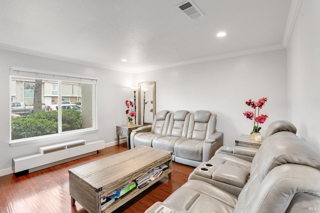 living room featuring dark wood-type flooring, radiator heating unit, and crown molding