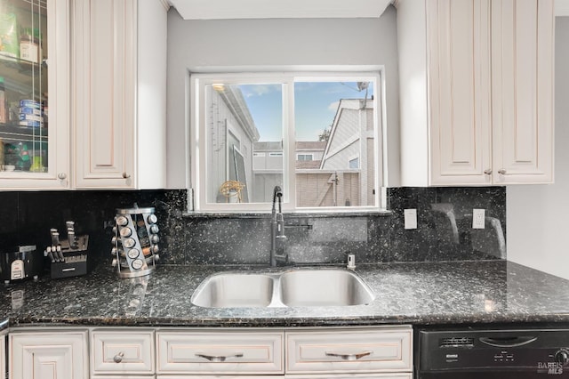 kitchen featuring backsplash, dishwasher, sink, and white cabinets