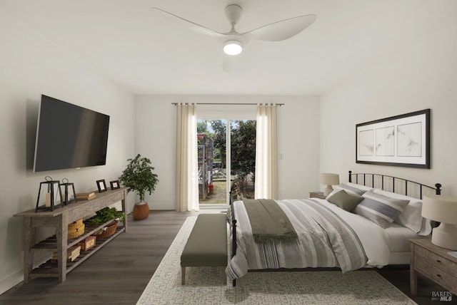 bedroom with dark hardwood / wood-style floors and ceiling fan