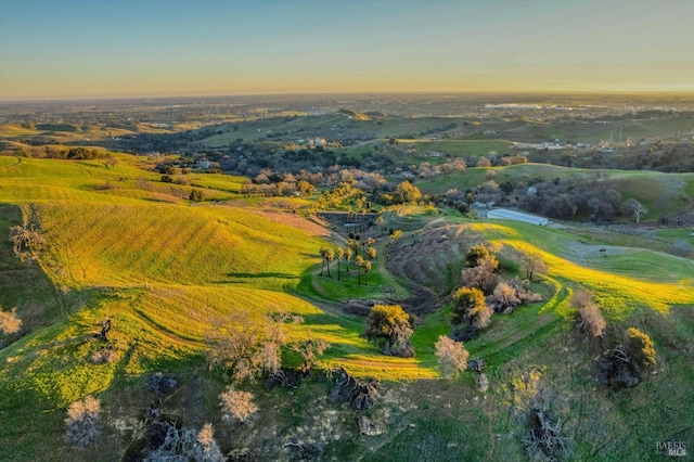 aerial view at dusk featuring a rural view