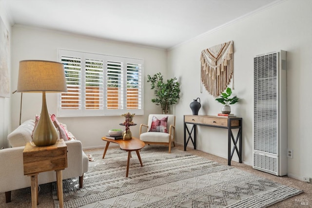 living area with ornamental molding, a heating unit, carpet floors, and baseboards