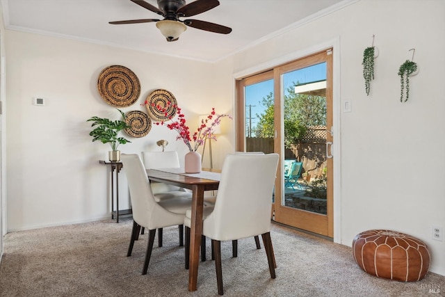 dining room with ceiling fan, carpet floors, ornamental molding, and baseboards