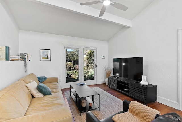 living room featuring ceiling fan, vaulted ceiling with beams, and dark hardwood / wood-style floors