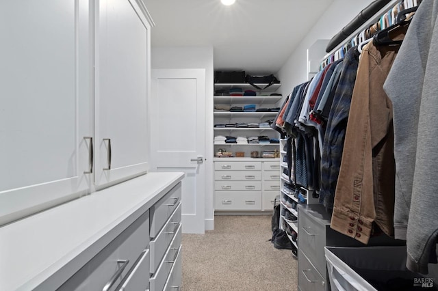 spacious closet featuring light colored carpet