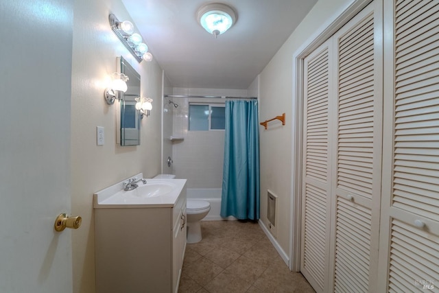 full bathroom featuring vanity, tile patterned flooring, toilet, and shower / tub combo with curtain