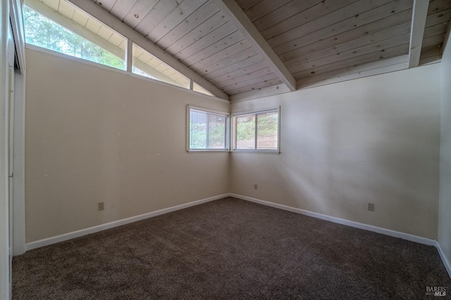 empty room featuring vaulted ceiling with beams, wooden ceiling, and dark colored carpet