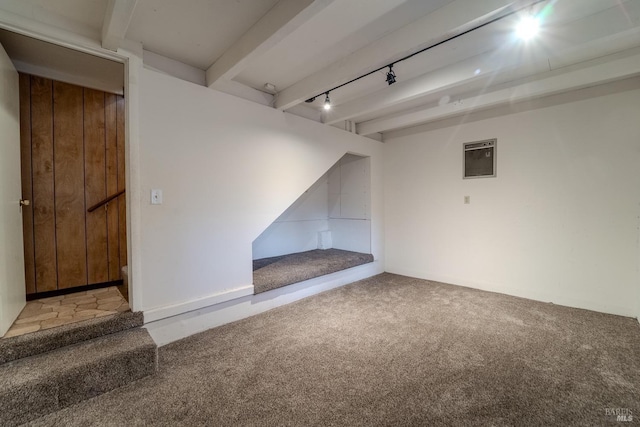 basement featuring track lighting and carpet flooring