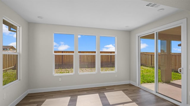 spare room with wood finished floors, a wealth of natural light, and baseboards