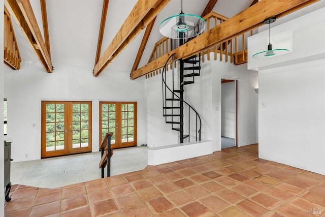 staircase featuring high vaulted ceiling, french doors, and beamed ceiling