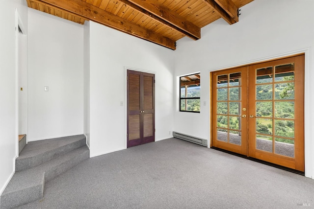 interior space featuring french doors, wooden ceiling, a baseboard radiator, carpet flooring, and beamed ceiling