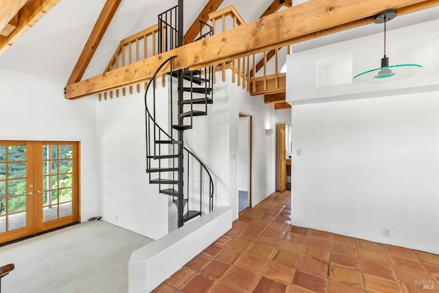 stairway with french doors, carpet floors, high vaulted ceiling, and beamed ceiling